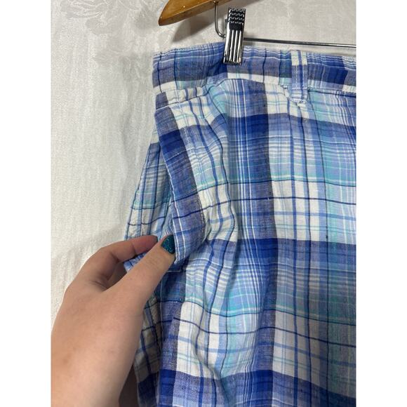 Reversible Shorts 42 Blue Plaid 100% Linen Pockets Bermuda - Picture 2 of 13